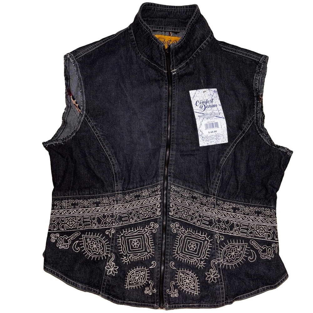 Comfort Denim Dark Denim Exposed Tribal Stitch Jean Vest M/L NWT $60